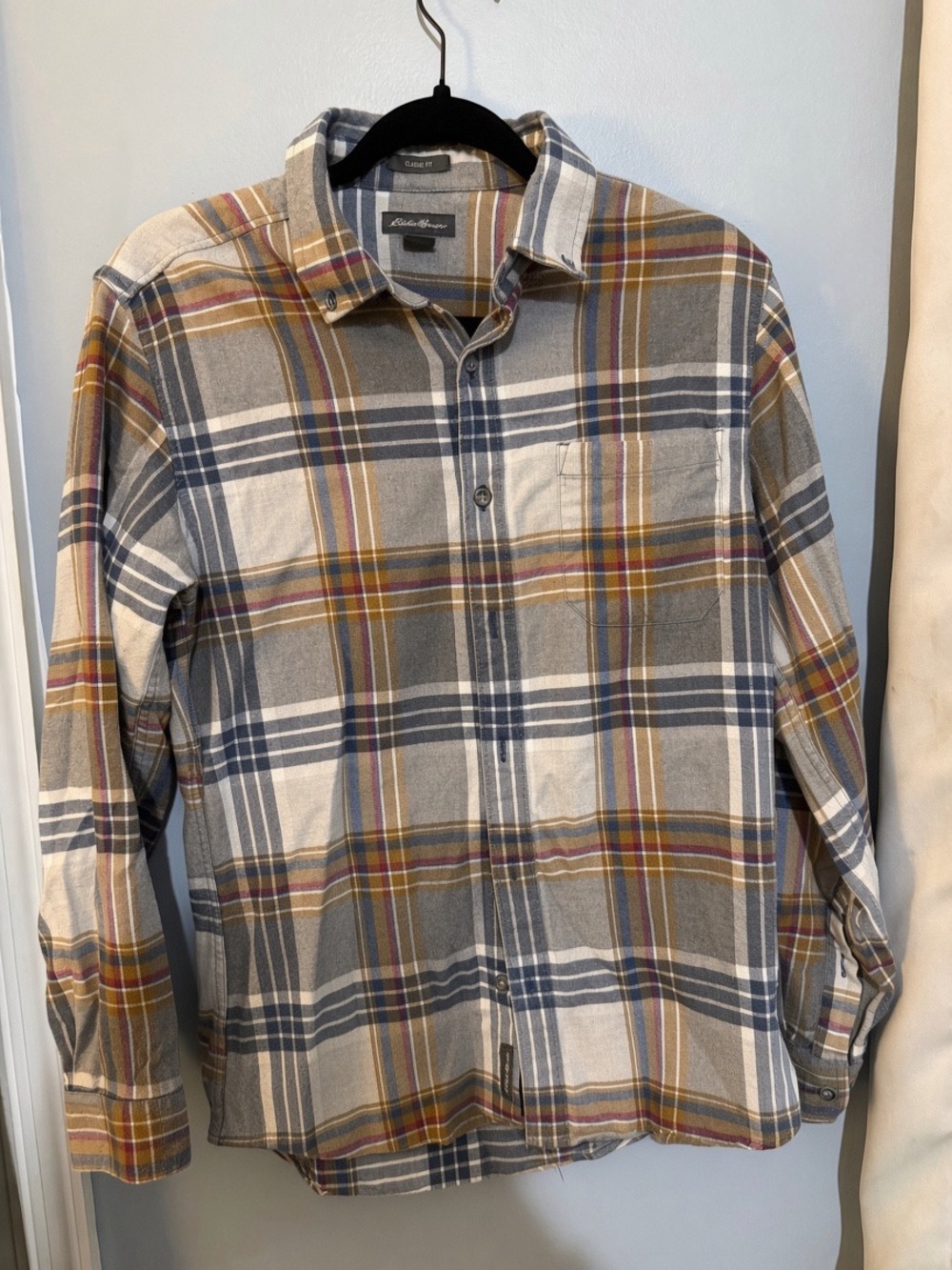 Eddie Bauer Gray Plaid Button-Down Shirt with Mustard Stripes